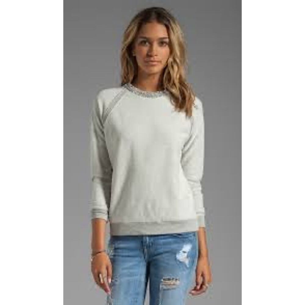 Haute Hippie Crystal Herringbone Neck Sweatshirt Light Heather Grey M NWOT - Picture 2 of 10